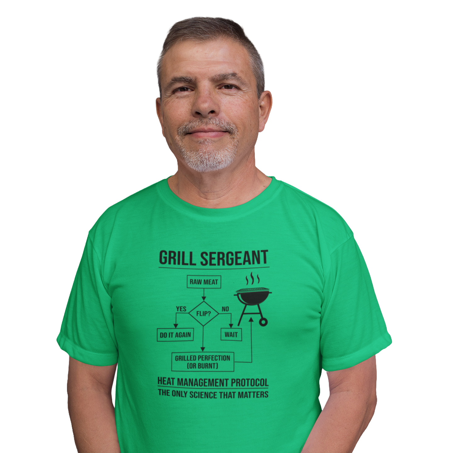 Man wearing a green t-shirt with 'Grill Sergeant' graphic design on a green background