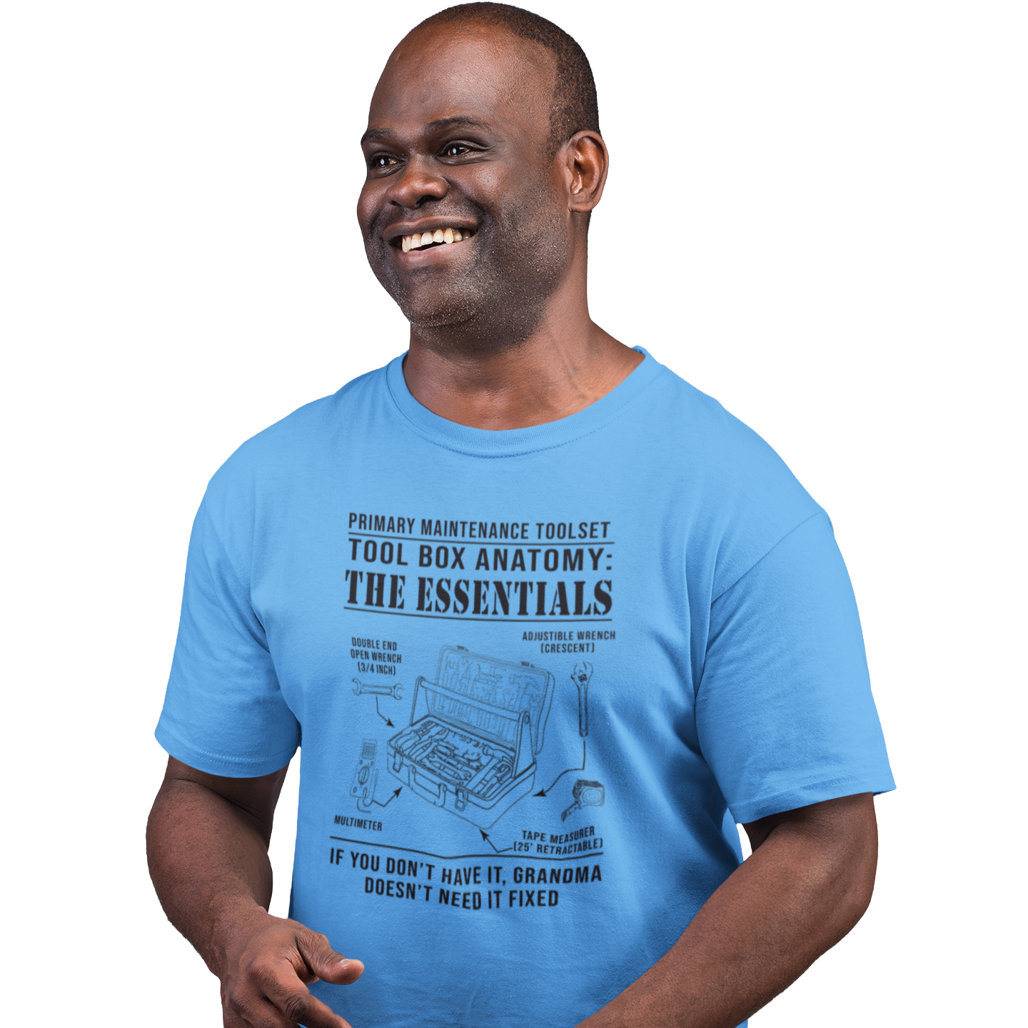 Man wearing a blue t-shirt with text and graphics on a white background
