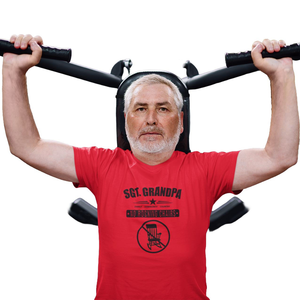 Man wearing a red t-shirt with 'Sgt. Grandpa' text, lifting weights on a white background