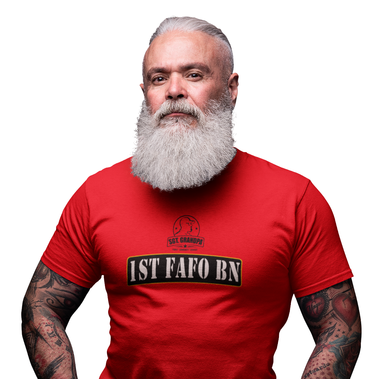 Man wearing a red t-shirt with text on a white background