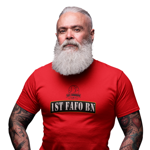 Man wearing a red t-shirt with text on a white background